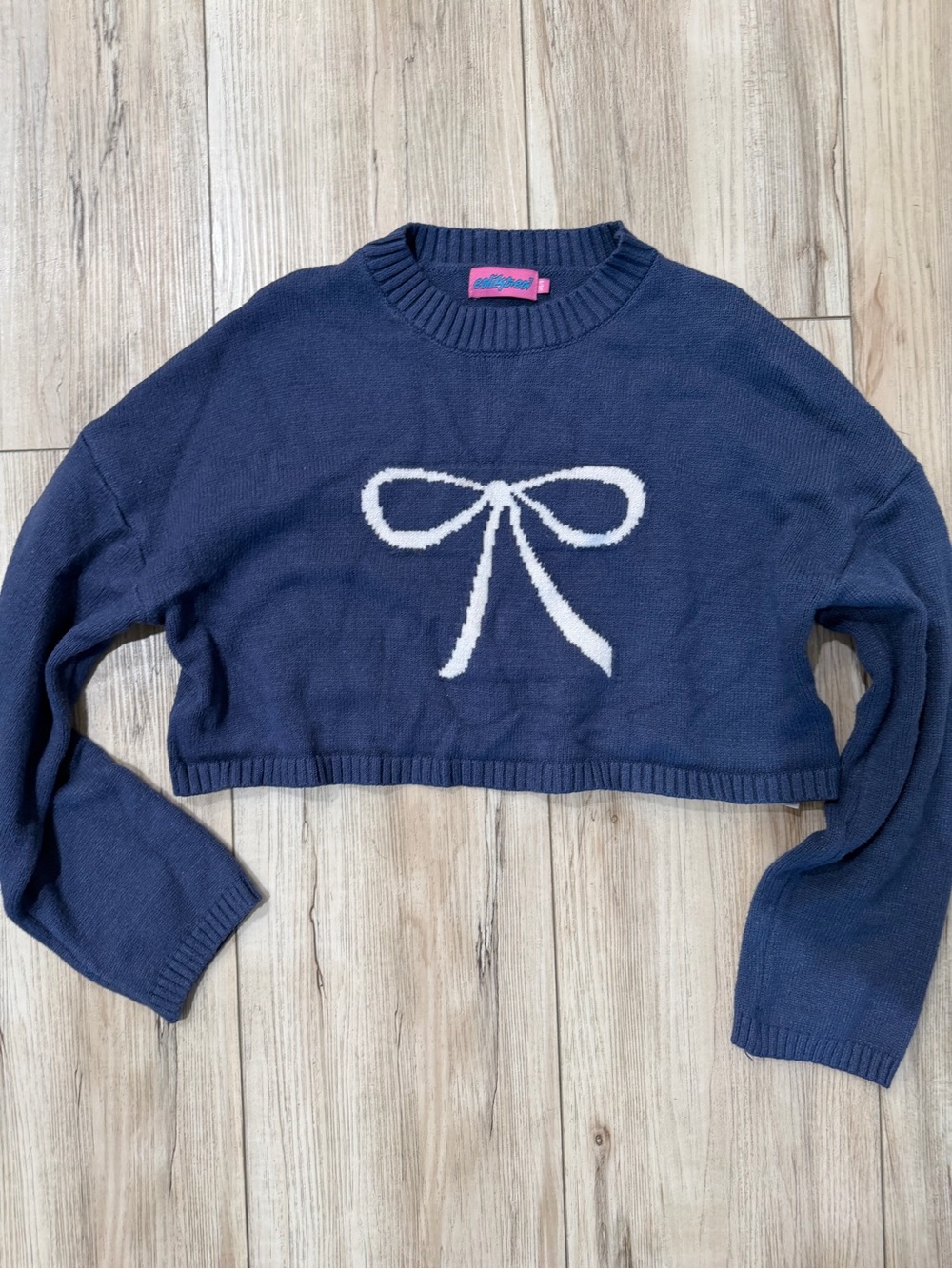 Edikted Navy Cropped Crew Sweater with White Bow